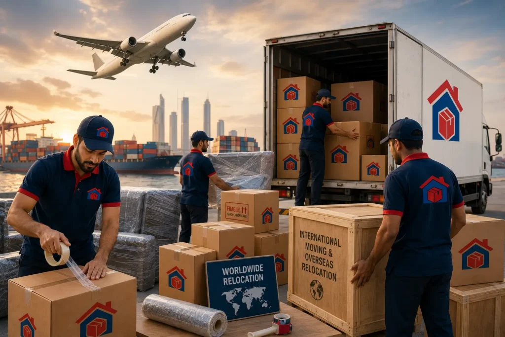 Movers in navy uniforms load labeled boxes from a large moving truck at a port, sunset sky, with an airplane in the sky and cranes in the background.