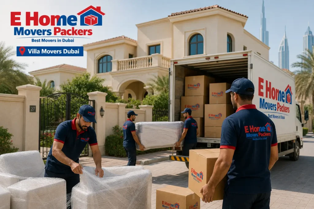 Movers unloading wrapped furniture from a large moving truck labeled 'E Home Movers Packars' in a luxury villa driveway in Dubai, with workers in navy uniforms nearby.