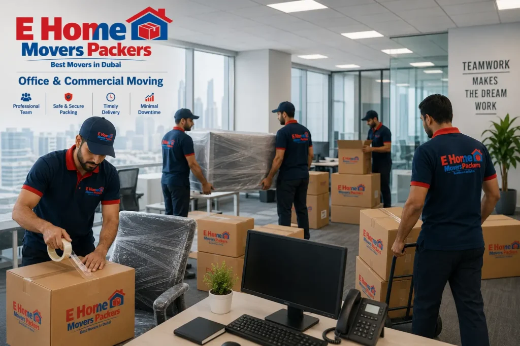 Movers in navy uniforms label and pack boxes in a modern office with logoed boxes and a skyline view behind them