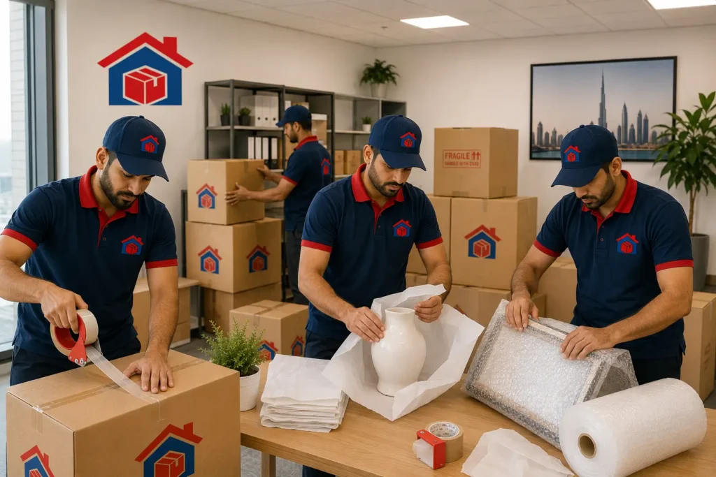 Three movers in navy uniforms with red trim seal and wrap boxes in a company packing room with stacked boxes and a logoed wall decal behind them, preparing shipments.