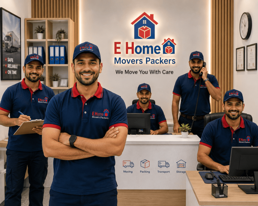 Group of E Home Movers Packers staff in blue polo shirts posing in a modern reception area with the company logo on the wall behind them.